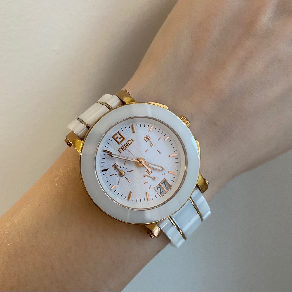 Fendi Ceramic Yellow Gold-Plated Round Watch, White